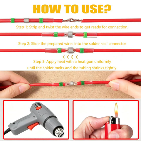 Steps demonstrating Solder Seal Heat Shrink Wire Connectors 182 Pieces Assorted Kit In Five Colors for use with red wires.