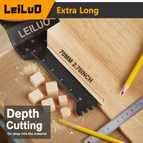 Beefy 70mm Japanese Teeth Oscillating Saw Blades Set 15 Pcs Extra Long Multitool Blades CRV Material For Fast Clean Wood Cutting And Refinishing Compatible With DeWalt Makita And More showing depth measure with pencil and square.