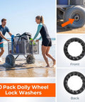 10 Pack Push-On Dolly Wheel Lock Washers for Five-Eighths Inch Dollies Axles shown on beach cart and product close-up