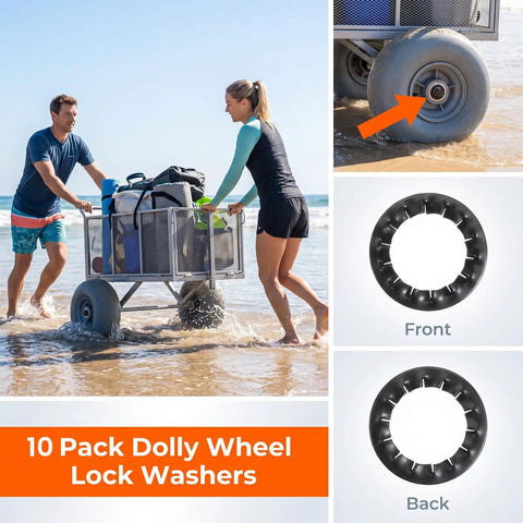 10 Pack Push-On Dolly Wheel Lock Washers for Five-Eighths Inch Dollies Axles shown on beach cart and product close-up