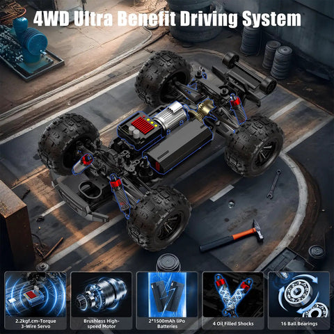 Turn Up The Thrill With A Brushless One Sixteenth RC Monster Truck That Hits 35 MPH Dual 1500mAh Batteries For Longer Runs chassis