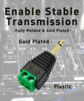 Six Pack Of 3.5 Mm Stereo Audio Jack Adapters Solderless One Eighth Inch Male To Two Pin Female Screw Terminal for audio setups.