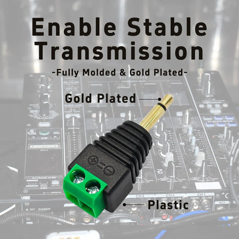 Six Pack Of 3.5 Mm Stereo Audio Jack Adapters Solderless One Eighth Inch Male To Two Pin Female Screw Terminal for audio setups.