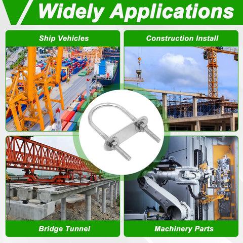 Four Pack Round U Bolts With Nuts, Plate And Washer Kit Built Tough For Secure Mounting displayed with various applications: ship vehicles, construction, bridges, and machinery parts.