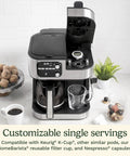 Alt Tag: Barista Bar 4-In-1 Coffee Maker With Single Serve Pods And Three Brewing Sizes, 12-Cup Carafe Option, Black on counter