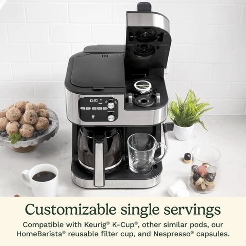 Alt Tag: Barista Bar 4-In-1 Coffee Maker With Single Serve Pods And Three Brewing Sizes, 12-Cup Carafe Option, Black on counter