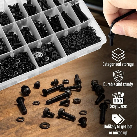 1260 Piece M4 Screws Kit With Hex Socket Button Head And Cap Head Bolts 6 To 40mm 12 9 Grade Carbon Steel Black Oxide Metric Fasteners Packed With Nuts Flat Washers Lock Washers And Two Hex Wrenches, organized tray