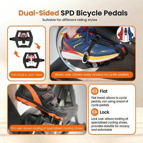 Dual Function SPD Bike Pedals With Toe Cages And Straps Nine Sixteenth Inch Alloy Spindle shown with flat and lock options