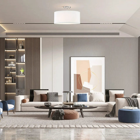 Modern living room with Fabric Drum Shade Semi Flush Mount Ceiling Light With PS Diffuser Off White Fabric Brushed Nickel Finish.