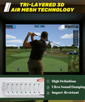Man practicing with Fireproof Golf Simulator Impact Screen With 3D Air Mesh Ultra Clear Projector Screen for safe home practice.