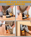 Detail Sander For Precise Handheld Work 1.5A Mouse Palm Corded Sander with Slick Dust Collection shown sanding wooden edges.