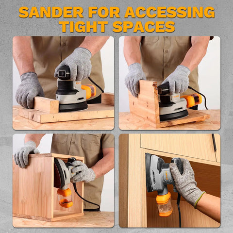Detail Sander For Precise Handheld Work 1.5A Mouse Palm Corded Sander with Slick Dust Collection shown sanding wooden edges.