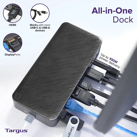 Close-up of Eleven In One Usb C Docking Station Multiport Hub with HDMI and DisplayPort connectors, compact design.