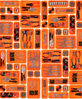 Orange Tool Box Organizer Tray Set With Dividers For Drawer Storage And Rolling Chests Includes Trays In Three Sizes For Hammers And Wrenches Screws Nuts Small Tools And Hardware On Your Workbench So You Can Grab And Go, filled with various tools and hardware organized neatly in orange trays.