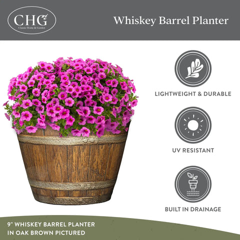 Outdoor Whiskey Barrel Planter Set Of 2 Made From Resin In Walnut Brown With UV Coating And Drainage Holes, Lightweight Yet Durable, Rustic Kentucky Style Garden Or Patio Flower Pots, 20.5 Inch.