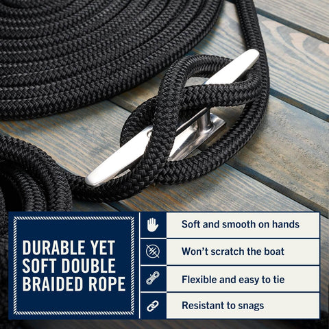 Two Pack Fifty Foot Dock Lines For Boat Docking With Loop Three Quarter Inch Heavy Duty Premium Double Braided Nylon Mooring Rope