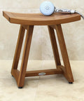 Patented 18 Inch Asia Lotus Teak Shower Bench With Stainless Steel Hardware And Adjustable Rubber Feet next to shower head