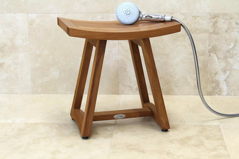Patented 18 Inch Asia Lotus Teak Shower Bench With Stainless Steel Hardware And Adjustable Rubber Feet next to shower head