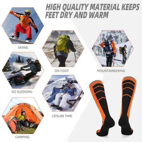 Two Pair Ski Socks 85 Percent Cotton Over The Calf OTC For Skiing Snowboarding And Winter Outdoor Activities For Men And Women Orange Medium