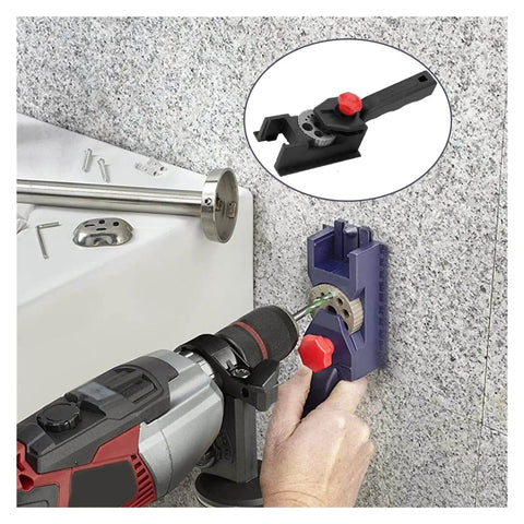 Ultimate Drill Locator Tool For Woodworking Pros Needing High Precision adjusts hole spacing on a wall with a drill.