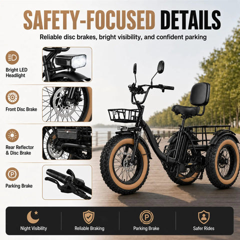 Folding Three Wheel Electric Trike For Adults 750W 48V Fat Tire 25MPH with LED headlight and disc brakes