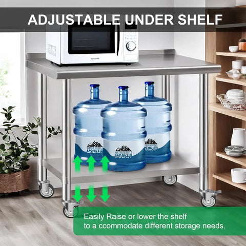 Stainless Steel Commercial Workbench 30 By 36 Inch With Caster Wheels NSF Certified Heavy Duty Table Cart with dual shelves