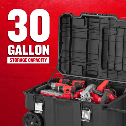 VersaStack 30 Gallon Quick Access Rolling Tool Chest With Half Lid Top open displaying various power tools inside.
