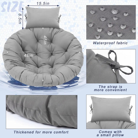 Gray Egg Chair Cushion Replacement For Indoor Outdoor Hanging Basket Chair 45x45 Waterproof Pad With Comfy Headrest details
