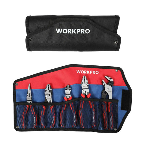Cr V Pliers Set With 6 Inch Slip Joint Pliers, 8 Inch Groove Joint Pliers, 7 Inch Linesman Pliers, Long Nose Pliers, Diagonal Cutting Pliers, Plus Storage Pouch For Everyday DIY Repairs displayed in open pouch with tools visible.