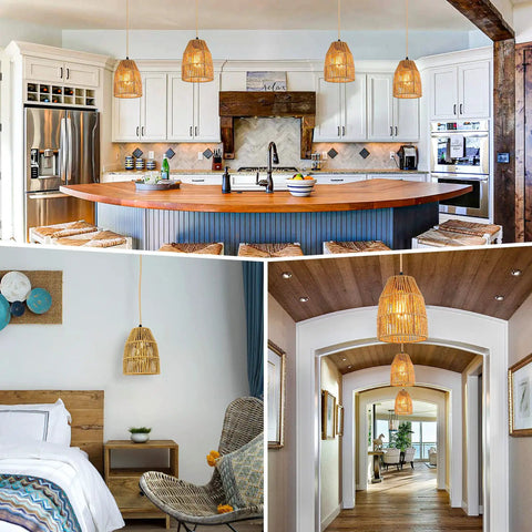 Hand Woven Hemp Rope Pendant Light With 15 Foot Golden Cord And Stepless Dimmer Switch in cozy kitchen and hallway.