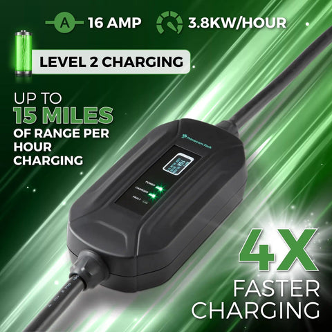 Grab And Go Level 2 Electric Charger 240 Volt 16 Amp Portable Evse Cable showing 16A display and weather resistant design.