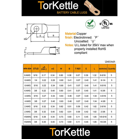 Specification sheet for Beefy Tinned Copper Battery Cable Lugs Kit With Ring Eyelets For Inverters Marine And Car Wiring 50 Pieces 10 Sizes