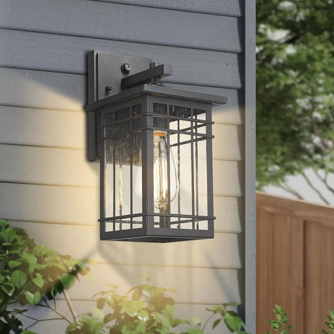 Dusk To Dawn Exterior Wall Lights With Built In Sensor on house siding, showing illumination and seeded glass design