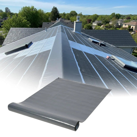 Top Shelf Self Adhesive Rubber Roofing Roll 39 Inches By 16 4 Feet Gray No Sweat Waterproof Membrane Tape on a roof.