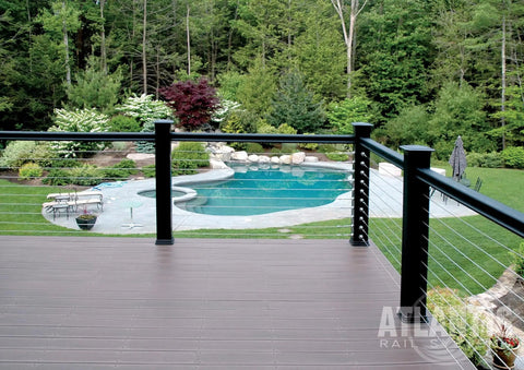 Outdoor deck with rail cable railing tensioner set five thirty second inch swage fittings 316L stainless steel marine grade two pack
