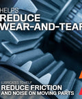 Macro view of gears, text promoting 'reduce wear-and-tear' and 'reduce friction' benefits of Penetrating Oil For Rust And Moisture Removal Lubricates Stubborn Fasteners And Hinges No Drip Foaming Action That Creeps Into Tight Corners Hardcore Temperature Tolerance 9 Ounce Aerosol Spray Model 99 2010