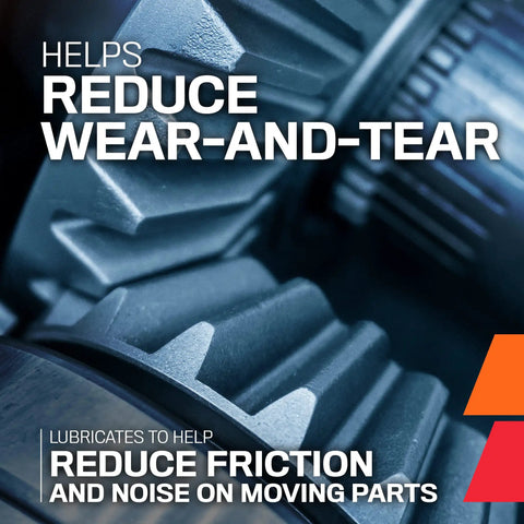 Macro view of gears, text promoting 'reduce wear-and-tear' and 'reduce friction' benefits of Penetrating Oil For Rust And Moisture Removal Lubricates Stubborn Fasteners And Hinges No Drip Foaming Action That Creeps Into Tight Corners Hardcore Temperature Tolerance 9 Ounce Aerosol Spray Model 99 2010