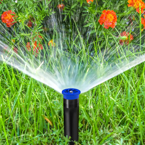 Variable Arc Sprinkler Nozzles 10 Pack Pop Up Head Replacements For Killing It On The Lawn Fully Adjustable 360 Degree Spray Pattern in grass.