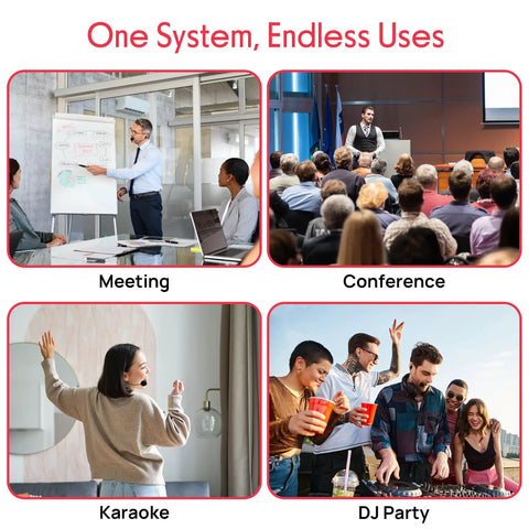 Dual Channel Wireless Microphone System supports meeting, conference, karaoke, DJ party with 2 lavalier mics, 2 transmitters.