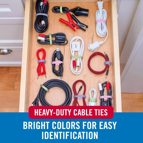 Drawer organized with Pastel Cable Ties Heavy Duty Reusable Bulk Pack Must-Have 60 Count 8 Inch by 0.5 Inch One Wrap Straps.