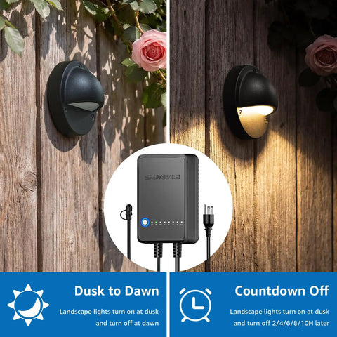 All-In-One Low Voltage Deck Lighting Kit With 60W Transformer, 100 Ft Wire, 8X 5W LED Deck Lights demonstrating dusk to dawn feature.