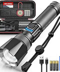 Ultra Bright LED Flashlight Two Pack Rechargeable Metal Flashlights Waterproof with USB-C cable and carrying case visible