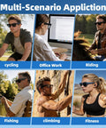 Collage showing 2 Pairs Eyeglass Ear Grips For Meta Smart Glasses in use during cycling, office work, riding, fishing, climbing, fitness.