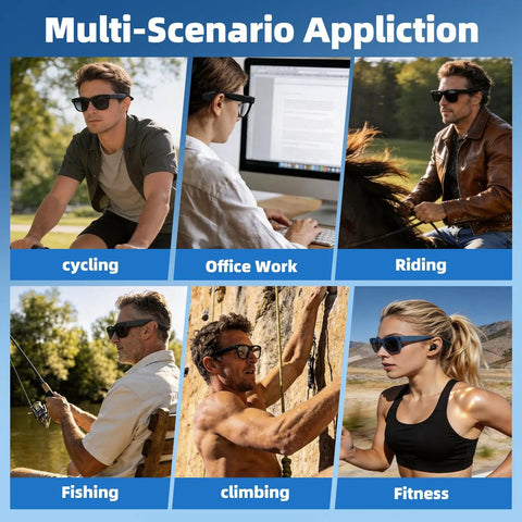 Collage showing 2 Pairs Eyeglass Ear Grips For Meta Smart Glasses in use during cycling, office work, riding, fishing, climbing, fitness.