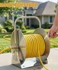Heavy Duty Wall Mounted Hose Reel With Dual Wheel Smooth Winding And Ergonomic Crank in use with yellow hose outdoors