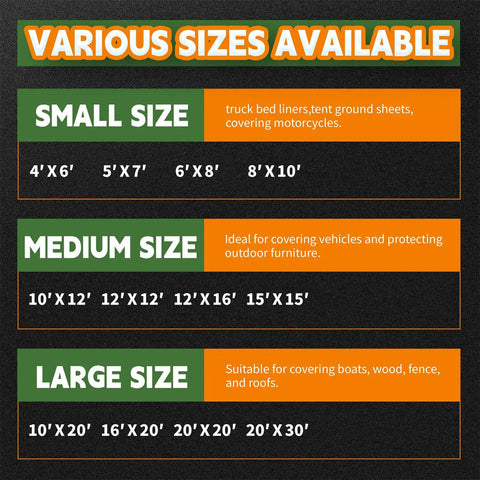 Various sizes available for Tough As Nails Heavy Duty 8x10 Foot Waterproof Tarp 9 Mil Thick Finished Size Poly Tarp Cover options.