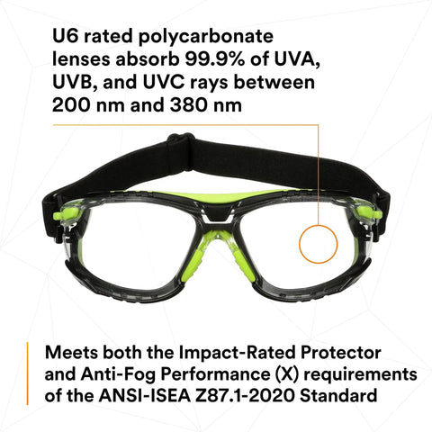 Solus 1000 Series Safety Glasses With Scotchgard No-Fog Coating, clear lenses, TPE gasket, elastic strap, green and black frame
