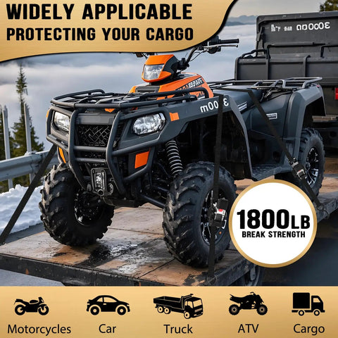 1 Inch By 10 Feet Heavy Duty Retractable Ratchet Straps 4 Pack 1800 Lb Break Strength securing an ATV on a truck bed.