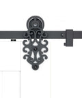 Ornate Cut Roller Black Iron Sliding Barn Hardware Kit For Single Door Hardware Only, showing roller and track on white door