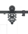 Ornate Black Iron Sliding Barn Door Hardware Kit For Single Door With 5.5 Foot Track, showing roller and stopper